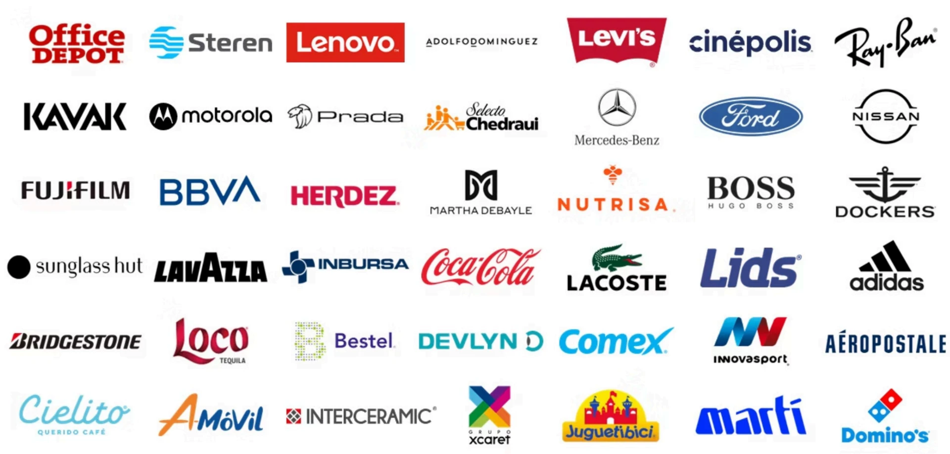 Logotipos de clientes de Shopology: Office Depot, Steren, Lenovo, Levi's, Cinépolis, Ray-Ban, Kavak, Motorola, Prada, Chedraui, Mercedes-Benz, Ford, Nissan, Fujifilm, BBVA, Herdez, Nutrisa, Hugo Boss, Dockers, Coca-Cola, Lacoste, adidas, Bridgestone, Comex, Martí y Domino's